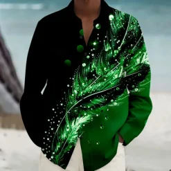 Men's Feathers Summer Hawaiian Shirt Button Up Shirt Aloha Shirt Long Sleeve Hawaiian Vacation Spring Fall Turndown Button Up Violet Blue Green Peacock Blue