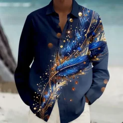Men's Feathers Summer Hawaiian Shirt Button Up Shirt Aloha Shirt Long Sleeve Hawaiian Vacation Spring Fall Turndown Button Up Violet Blue Green Peacock Blue