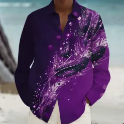 Men's Feathers Summer Hawaiian Shirt Button Up Shirt Aloha Shirt Long Sleeve Hawaiian Vacation Spring Fall Turndown Button Up Violet Blue Green Peacock Blue
