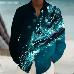 Men's Feathers Summer Hawaiian Shirt Button Up Shirt Aloha Shirt Long Sleeve Hawaiian Vacation Spring Fall Turndown Button Up Violet Blue Green Peacock Blue