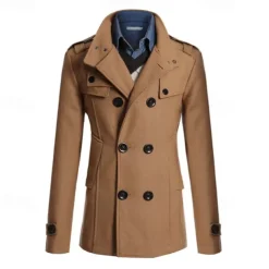 Men's Field Coat Peacoat Trench Coat Daily Vacation Fall & Winter Polyester Thermal Warm Outerwear Clothing Apparel Fashion Classic Plain Pocket Stand Collar Double Breasted