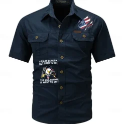 Men's Flag American US Flag Letter Printed Work Shirt Western Shirt Cargo Shirt Short Sleeve Western Style Tactical Fashion Casual Going out Summer Turndown Buttons Print Black Army Green Khaki Dark