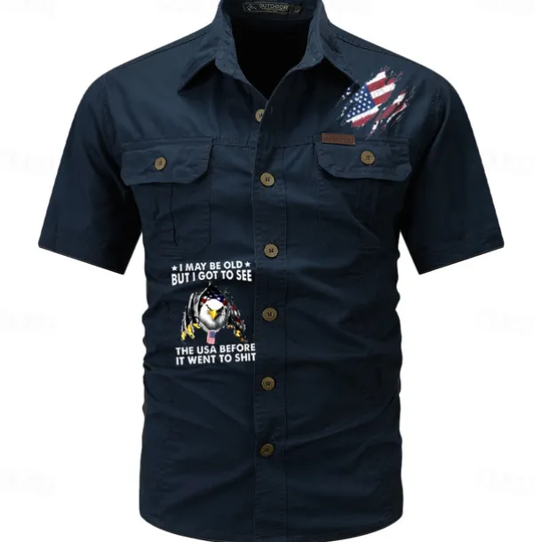 Men's Flag American US Flag Letter Printed Work Shirt Western Shirt Cargo Shirt Short Sleeve Western Style Tactical Fashion Casual Going out Summer Turndown Buttons Print Black Army Green Khaki Dark