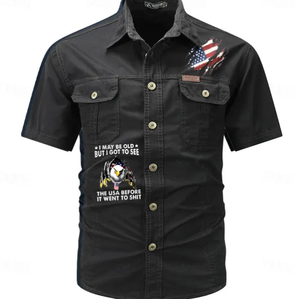 Men's Flag American US Flag Letter Printed Work Shirt Western Shirt Cargo Shirt Short Sleeve Western Style Tactical Fashion Casual Going out Summer Turndown Buttons Print Black Army Green Khaki Dark