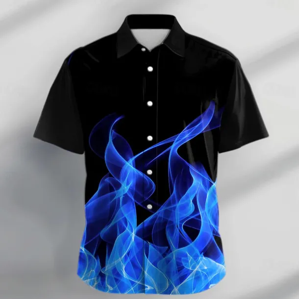 Men's Flame Shirt Button Up Shirt Short Sleeve Fashion Casual Vacation Daily Evening Party Summer Turndown Collared Shirts Button Up 3D Print Black