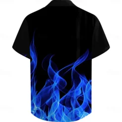 Men's Flame Shirt Button Up Shirt Short Sleeve Fashion Casual Vacation Daily Evening Party Summer Turndown Collared Shirts Button Up 3D Print Black