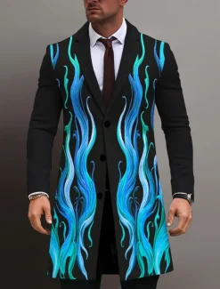 Men's Flame Winter Coat Overcoat Coat Warm Breathable Comfortable Business Abstract Work Wear to work Going out Pocket Print Fall & Winter Turndown Long Sleeve Blue Purple Orange
