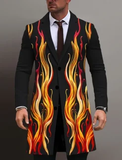 Men's Flame Winter Coat Overcoat Coat Warm Breathable Comfortable Business Abstract Work Wear to work Going out Pocket Print Fall & Winter Turndown Long Sleeve Blue Purple Orange