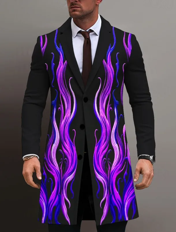 Men's Flame Winter Coat Overcoat Coat Warm Breathable Comfortable Business Abstract Work Wear to work Going out Pocket Print Fall & Winter Turndown Long Sleeve Blue Purple Orange