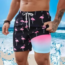 Men's Flamingo Bird Lined Shorts Swim Shorts Board Shorts Mid Waist Hawaiian Vacation Holiday Beach Wear Side Pockets With Compression Liner Elastic Drawstring Waist Designer Clothing Apparel