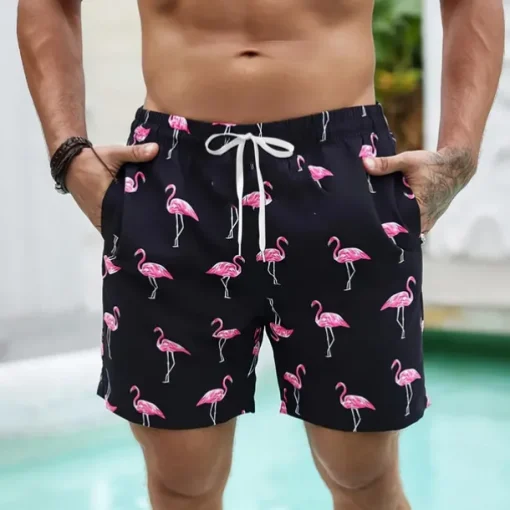 Men's Flamingo Bird Lined Shorts Swim Shorts Board Shorts Mid Waist Hawaiian Vacation Holiday Beach Wear Side Pockets With Compression Liner Elastic Drawstring Waist Designer Clothing Apparel