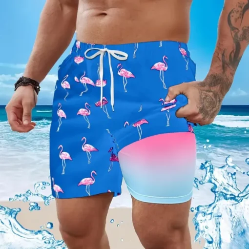 Men's Flamingo Bird Lined Shorts Swim Shorts Board Shorts Mid Waist Hawaiian Vacation Holiday Beach Wear Side Pockets With Compression Liner Elastic Drawstring Waist Designer Clothing Apparel