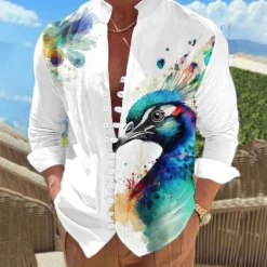 Men's Flamingo Bird Peacock Shirt Linen Shirt Summer Hawaiian Shirt Long Sleeve Casual Vacation Holiday Beach Wear Summer Spring Standing Collar 3D Print Button-Down Pink Blue