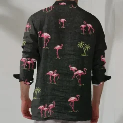 Men's Flamingo Summer Hawaiian Shirt Aloha Shirt Long Sleeve Hawaiian Beach Vacation Summer Spring Turndown Button Up Black
