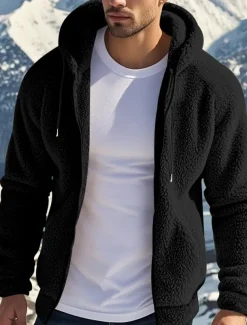 Men's Fleece Jacket Teddy Coat Hoodie Jacket Daily Vacation Thermal Warm Pocket Fleece Fall & Winter Plain Fashion Streetwear Hooded Regular Black Navy Blue Khaki Gray Jacket