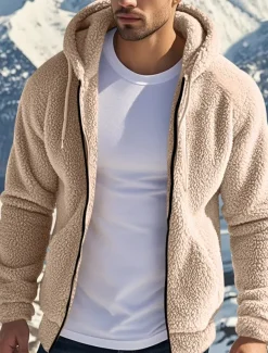 Men's Fleece Jacket Teddy Coat Hoodie Jacket Daily Vacation Thermal Warm Pocket Fleece Fall & Winter Plain Fashion Streetwear Hooded Regular Black Navy Blue Khaki Gray Jacket