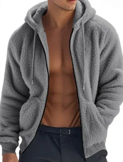 Men's Fleece Jacket Teddy Coat Hoodie Jacket Daily Vacation Thermal Warm Pocket Fleece Fall & Winter Plain Fashion Streetwear Hooded Regular Black Navy Blue Khaki Gray Jacket
