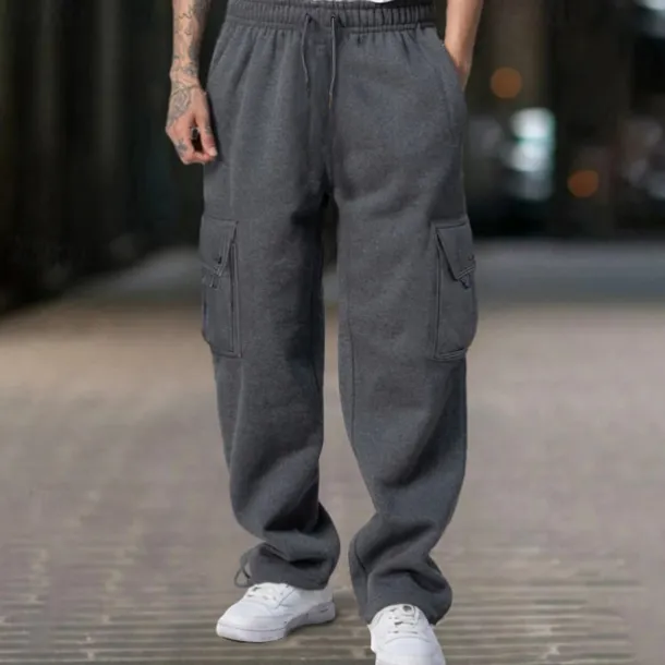 Men's Fleece Pants Sweatpants Joggers Trousers Cargo Sweatpants Drawstring Elastic Waist Multi Pocket Plain Comfort Warm Full Length Outdoor Casual Daily Sports Fashion Black White