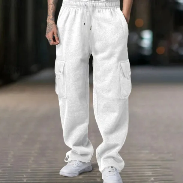 Men's Fleece Pants Sweatpants Joggers Trousers Cargo Sweatpants Drawstring Elastic Waist Multi Pocket Plain Comfort Warm Full Length Outdoor Casual Daily Sports Fashion Black White