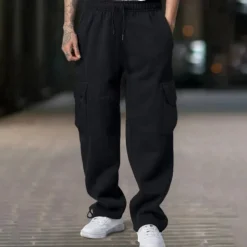 Men's Fleece Pants Sweatpants Joggers Trousers Cargo Sweatpants Drawstring Elastic Waist Multi Pocket Plain Comfort Warm Full Length Outdoor Casual Daily Sports Fashion Black White