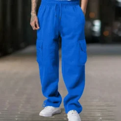 Men's Fleece Pants Sweatpants Joggers Trousers Cargo Sweatpants Drawstring Elastic Waist Multi Pocket Plain Comfort Warm Full Length Outdoor Casual Daily Sports Fashion Black White