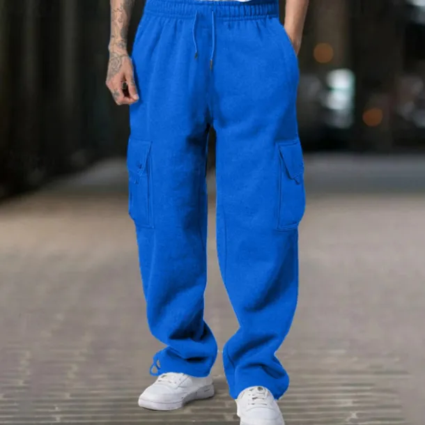 Men's Fleece Pants Sweatpants Joggers Trousers Cargo Sweatpants Drawstring Elastic Waist Multi Pocket Plain Comfort Warm Full Length Outdoor Casual Daily Sports Fashion Black White