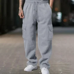 Men's Fleece Pants Sweatpants Joggers Trousers Cargo Sweatpants Drawstring Elastic Waist Multi Pocket Plain Comfort Warm Full Length Outdoor Casual Daily Sports Fashion Black White
