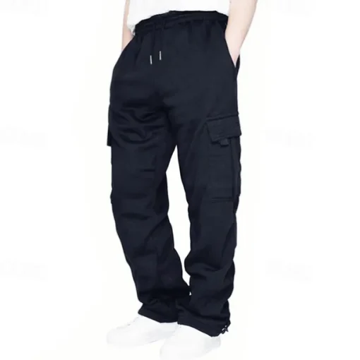 Men's Fleece Pants Sweatpants Joggers Trousers Cargo Sweatpants Drawstring Elastic Waist Multi Pocket Solid Color Windproof Outdoor Full Length Casual Daily Fashion Streetwear Loose Fit Black White