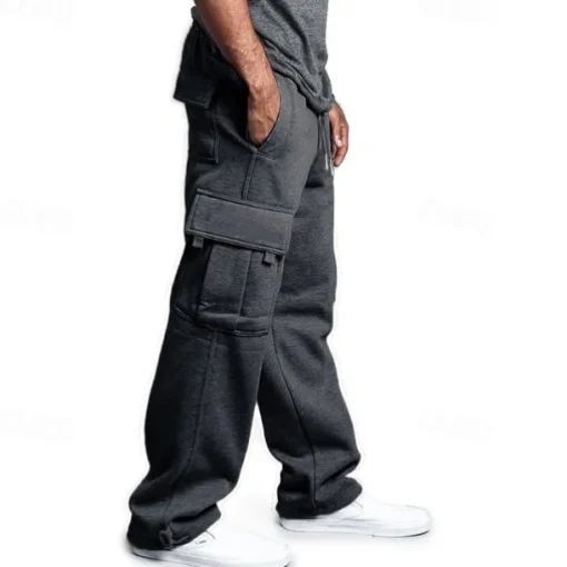 Men's Fleece Pants Sweatpants Joggers Trousers Cargo Sweatpants Drawstring Elastic Waist Multi Pocket Solid Color Windproof Outdoor Full Length Casual Daily Fashion Streetwear Loose Fit Black White