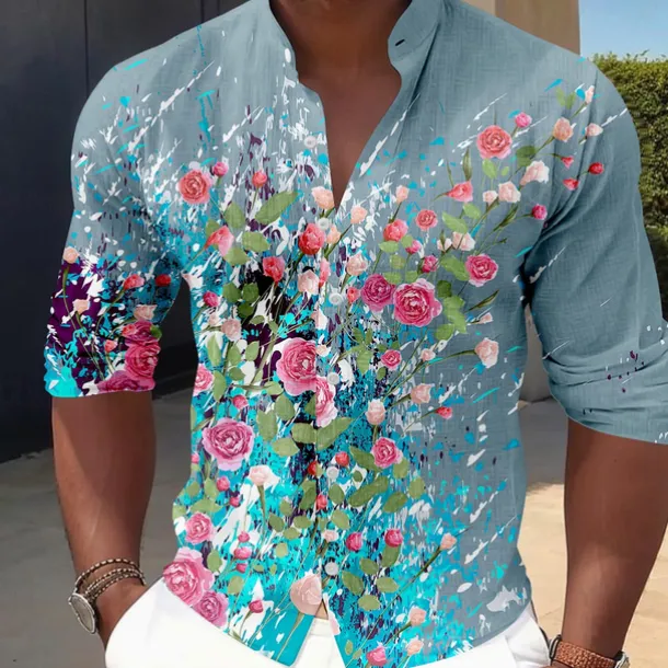Men's Floral Button Up Shirt Long Sleeve Casual Vacation Daily Summer Spring & Fall Band Collar grandad collar 3D Print White Pink Blue Sage