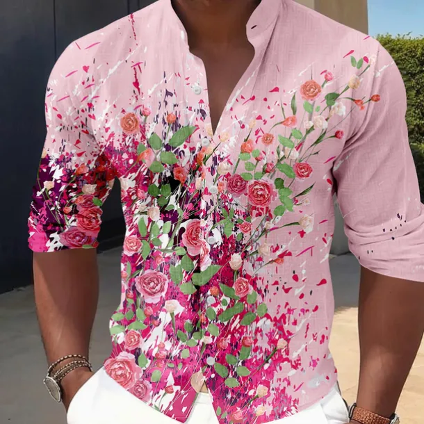 Men's Floral Button Up Shirt Long Sleeve Casual Vacation Daily Summer Spring & Fall Band Collar grandad collar 3D Print White Pink Blue Sage