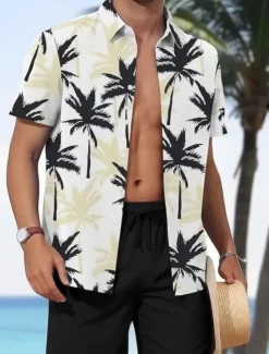 Men's Floral Coconut Palm 2pcs Shirts Sets Summer Tops Short Sleeve Short Pants Turndown Casual beach vacation Outdoor Home Casual 3D Print Summer Black White