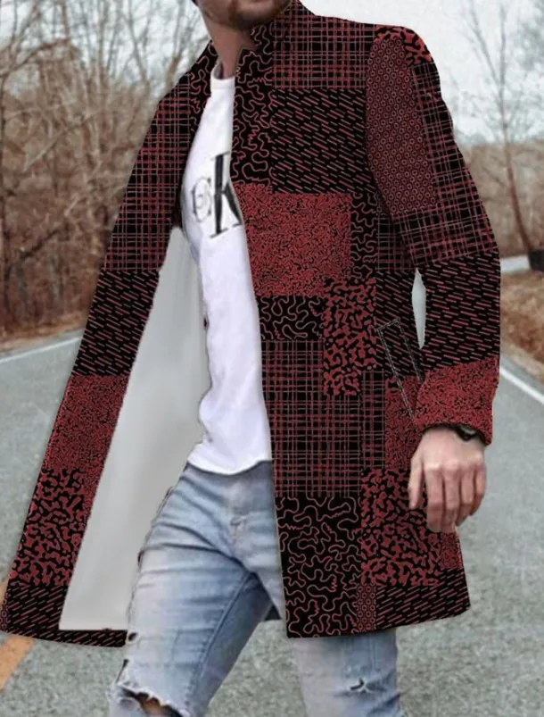 Men's Floral Color Block Graphic Prints Winter Coat Overcoat Coat Warm Breathable Comfortable Fashion Streetwear Business Work Wear to work Going out Pocket Print Fall & Winter Turndown Long Sleeve