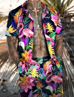 Men's Floral Flamingo 2pcs Shirts Sets Summer Hawaiian Shirt Short Sleeve Short Pants Turndown Tropical Fashion Hawaiian Street Casual Hawaiian Print Summer Spring Black Red Orange