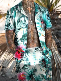 Men's Floral Flamingo 2pcs Shirts Sets Summer Hawaiian Shirt Short Sleeve Short Pants Turndown Tropical Fashion Hawaiian Street Casual Hawaiian Print Summer Spring Black Red Orange