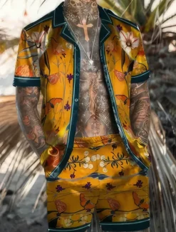 Men's Floral Flamingo 2pcs Shirts Sets Summer Hawaiian Shirt Short Sleeve Short Pants Turndown Tropical Fashion Hawaiian Street Casual Hawaiian Print Summer Spring Black Red Orange