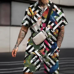 Men's Floral Flamingo Tropical 2pcs Shirts Sets Summer Hawaiian Shirt Short Sleeve Short Pants Turndown Fashion Streetwear Designer Outdoor Street Casual Print Summer Spring Black White Pink