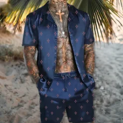 Men's Floral Geometric Pattern 2pcs Shirts Sets Summer Hawaiian Shirt Short Sleeve Short Pants Turndown Tropical Fashion Hawaiian Casual Holiday Beach Print Summer Spring Light Green Red Blue