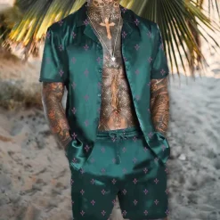 Men's Floral Geometric Pattern 2pcs Shirts Sets Summer Hawaiian Shirt Short Sleeve Short Pants Turndown Tropical Fashion Hawaiian Casual Holiday Beach Print Summer Spring Light Green Red Blue