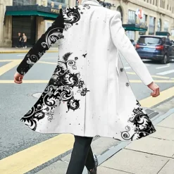 Men's Floral Graphic Prints Winter Coat Overcoat Coat Warm Breathable Comfortable Fashion Streetwear Business Work Wear to work Going out Pocket Print Fall & Winter Turndown Long Sleeve Black White