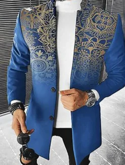 Men's Floral Graphic Prints Gradual Winter Coat Overcoat Coat Warm Breathable Comfortable Fashion Streetwear Business Work Wear to work Going out Pocket Print Fall & Winter Turndown Long Sleeve Blue