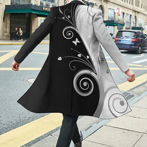 Men's Floral Graphic Prints Winter Coat Overcoat Coat Warm Breathable Comfortable Fashion Streetwear Business Work Wear to work Going out Pocket Print Fall & Winter Turndown Long Sleeve Black Wine