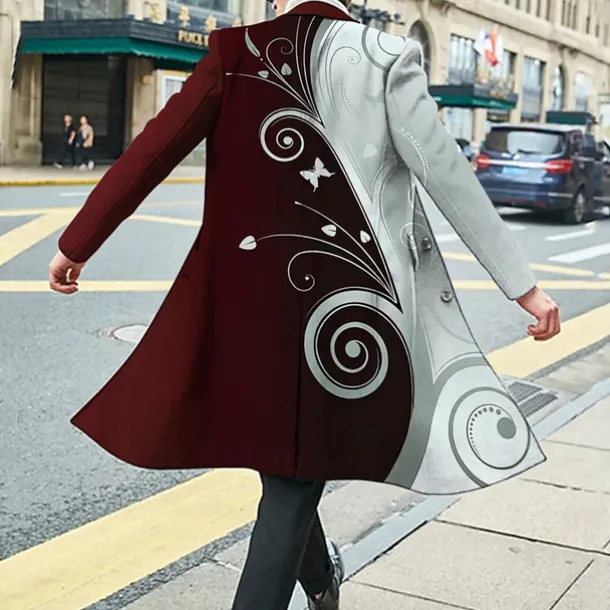 Men's Floral Graphic Prints Winter Coat Overcoat Coat Warm Breathable Comfortable Fashion Streetwear Business Work Wear to work Going out Pocket Print Fall & Winter Turndown Long Sleeve Black Wine