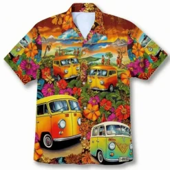Men's Floral Hippie Bus Shirt Summer Hawaiian Shirt Aloha Shirt Short Sleeves Shirt Turndown Fashion Streetwear Designer Outdoor Street Casual Yellow Navy Blue Blue S M L
