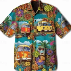 Men's Floral Hippie Bus Shirt Summer Hawaiian Shirt Aloha Shirt Short Sleeves Shirt Turndown Fashion Streetwear Designer Outdoor Street Casual Yellow Navy Blue Blue S M L