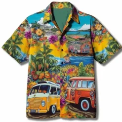Men's Floral Hippie Bus Shirt Summer Hawaiian Shirt Aloha Shirt Short Sleeves Shirt Turndown Fashion Streetwear Designer Outdoor Street Casual Yellow Navy Blue Blue S M L