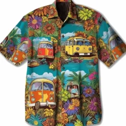 Men's Floral Hippie Bus Shirt Summer Hawaiian Shirt Aloha Shirt Short Sleeves Shirt Turndown Fashion Streetwear Designer Outdoor Street Casual Yellow Navy Blue Blue S M L