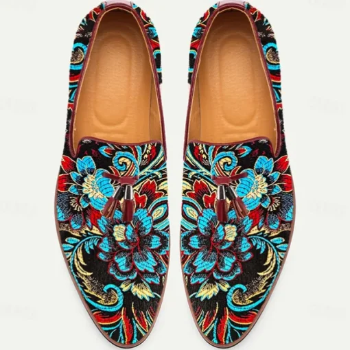 Men's Floral Jacquard Slip-On Loafers - Elegant Embroidered Casual Shoes for Special Occasions and Semi-Formal Events