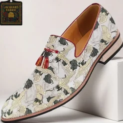 Men's Floral Jacquard Slip-On Loafers with Tassel Detail - Premium Embroidered Shoes for Semi-Formal and Casual Outings