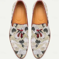 Men's Floral Jacquard Slip-On Loafers with Tassel Detail - Premium Embroidered Shoes for Semi-Formal and Casual Outings